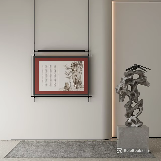 Abstract Stone Sculpture With Dragonfly On Marble Base In Modern Interior 3d model