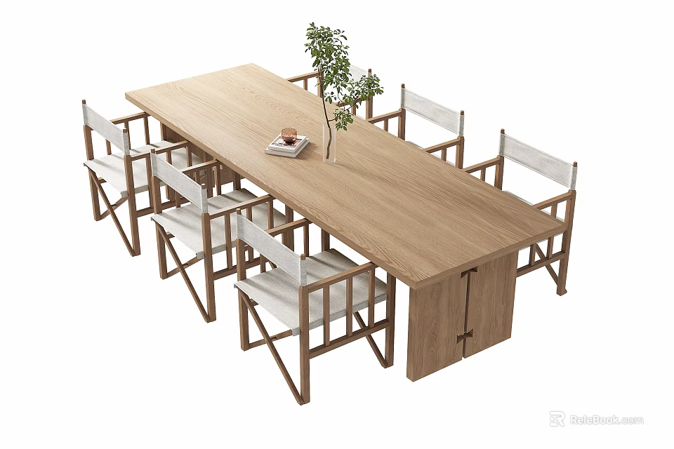 Light Wood Long Dining Table Set with Six Simple White Cushioned Chairs and Potted Plant on Top 3d model 