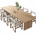 Light Wood Long Dining Table Set with Six Simple White Cushioned Chairs and Potted Plant on Top