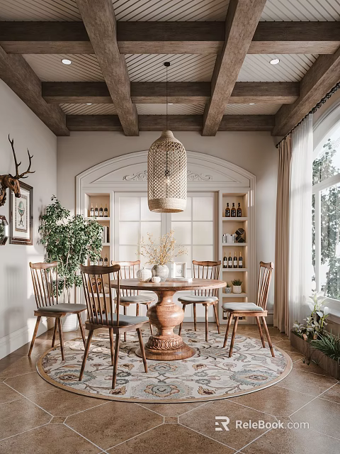 Rustic Restaurant Interior With Wooden Beamed Ceiling Rattan Pendant Light Dining Table And Green Plants 3d model 