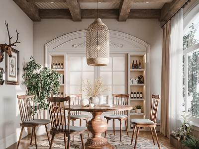 Rustic Restaurant Interior With Wooden Beamed Ceiling Rattan Pendant Light Dining Table And Green Plants 3d model