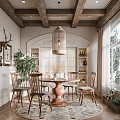Rustic Restaurant Interior With Wooden Beamed Ceiling Rattan Pendant Light Dining Table And Green Plants