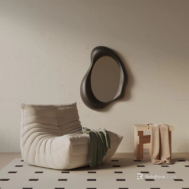 Beige Lounge Chair with Green Blanket Small Wooden Table Black Irregular Mirror on Light Wall 3d model 