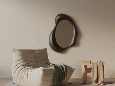 Beige Lounge Chair with Green Blanket Small Wooden Table Black Irregular Mirror on Light Wall 3d model