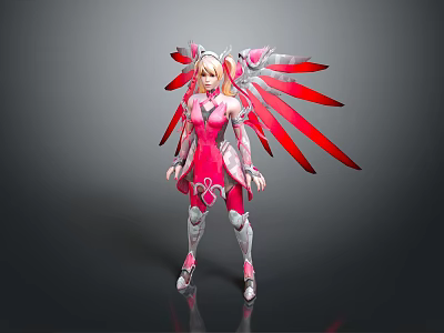Game Movie Character In Pink Outfit With Silver Armor Red Feathered Wings Fantasy 3D Design 3d model
