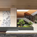 Elegant Modern Interior Lobby With Staircase Bonsai Plants Ink Painting And Marble Floor