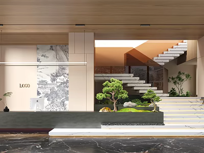 Elegant Modern Interior Lobby With Staircase Bonsai Plants Ink Painting And Marble Floor 3d model
