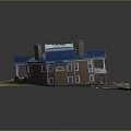 Red Brick Two Story Building With Blue Roof Multiple Chimneys And Grass Courtyard