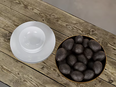 Rustic Wooden Table With White Ceramic Plate And Bowl Of Dark Fruits 3d model