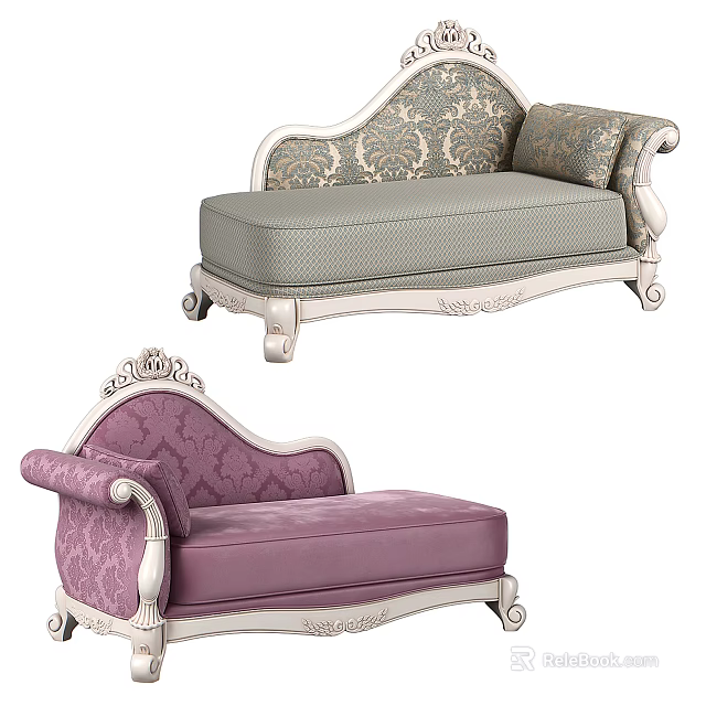 European Style Carved Upholstered Chaise Lounge With Decorative Patterns And Soft Fabric 3d model 