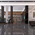 Modern Hotel Lobby Interior With Marble Floor Brown Sofas And Central Chandelier 3d model