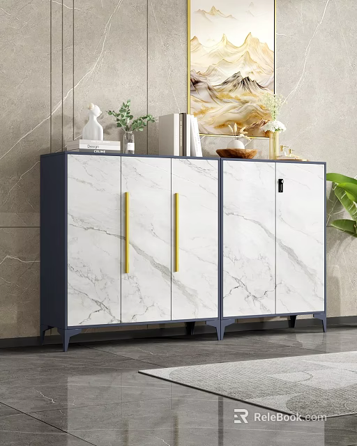 Elegant Modern Entryway Side Cabinet With White Marble Doors Golden Handles And Decorative Items 3d model 