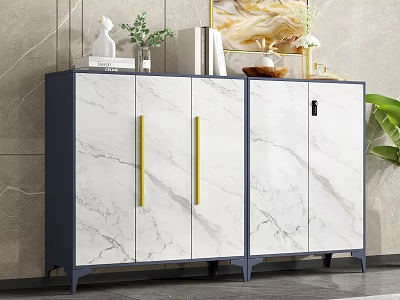 Elegant Modern Entryway Side Cabinet With White Marble Doors Golden Handles And Decorative Items 3d model