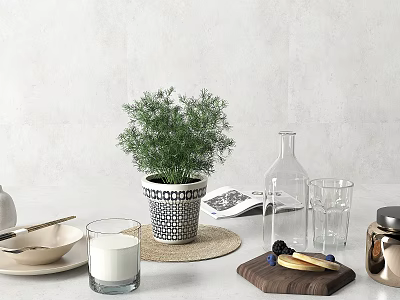 Minimalist Tableware Set With Bowl Chopsticks Glass Cups Milk Glass Potted Plant And Wooden Tray 3d model
