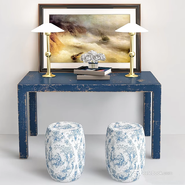 Stylish Blue Console Table with Gold Lamps Painting Books and Patterned Stools 3d model