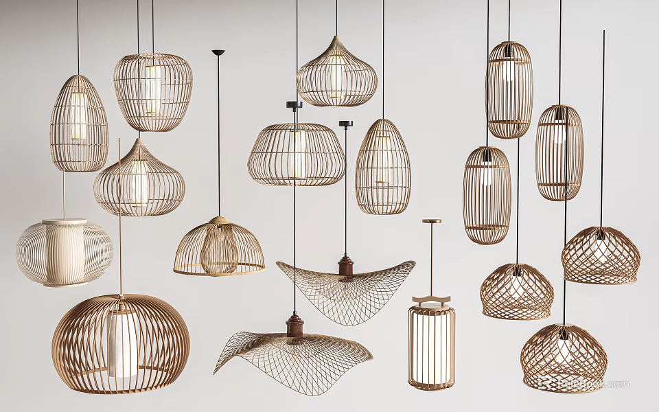 Stylish Woven Rattan Pendant Lights With Various Unique Design Shapes For Interior Decoration 3d model 