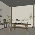 Traditional Tea House Interior With Wooden Table Tea Set Green Plants And Warm Lighting