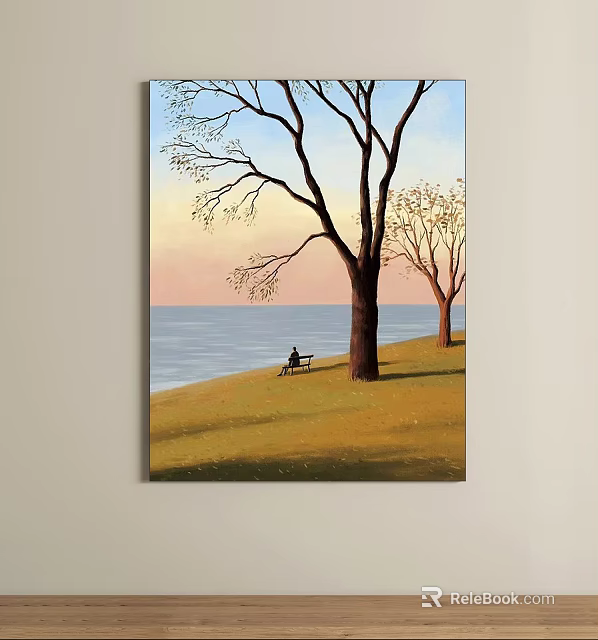 Seaside Sunset Oil Painting With Two Trees Person On Bench And Grassy Field 3d model 