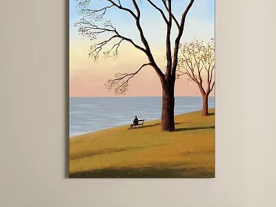 Seaside Sunset Oil Painting With Two Trees Person On Bench And Grassy Field 3d model