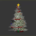 Decorated Christmas Tree On Wooden Circular Base With Red Ribbon Wrapped Around Branches