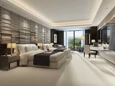 Spacious Modern Hotel Guest Room Interior With Large Bed Sofa And Floor To Ceiling Windows 3d model