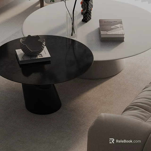 Elegant White Sofa And Black Round Coffee Table Set With Decorative Books On Table 3d model
