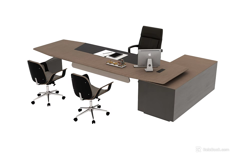 Modern Office Desk With Black Chairs Laptop And Documents On Surface 3d model