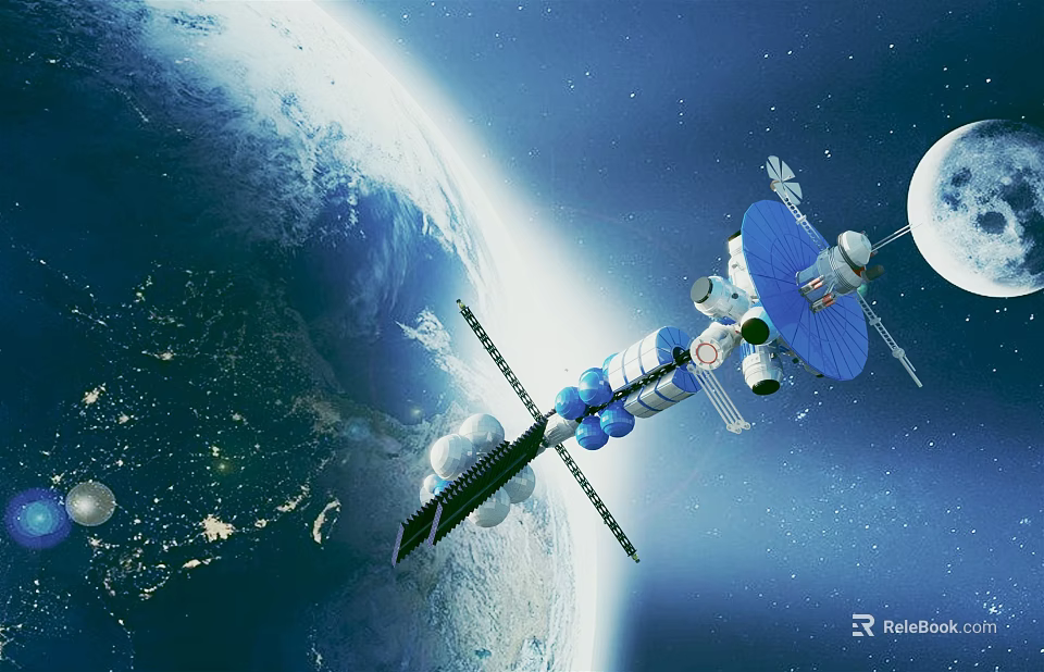 Cartoon Space Scene With Earth Satellite Moon And Shiny Stars 3d model 