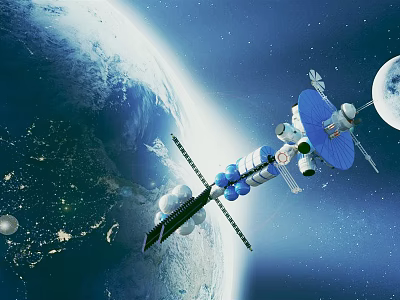 Cartoon Space Scene With Earth Satellite Moon And Shiny Stars 3d model