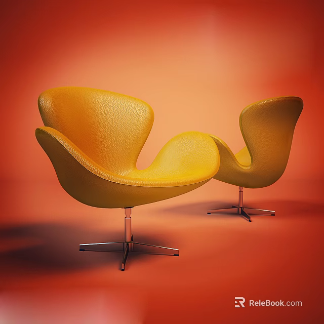 Two Modern Yellow Leisure Chairs with Curved Design and Metal Base in Stylish Look 3d model 