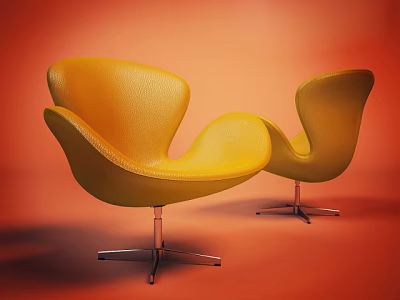 Two Modern Yellow Leisure Chairs with Curved Design and Metal Base in Stylish Look 3d model