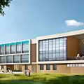 Modern School Building With Colorful Facade Large Glass Windows Green Lawn And Children Playing