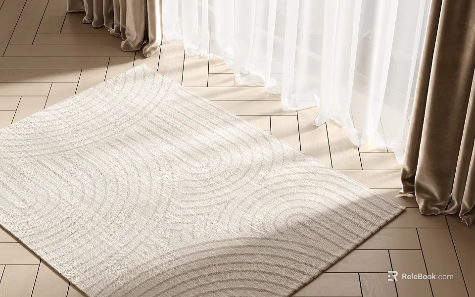 Light Beige Square Rug With Soft Wavy Pattern On Light Wooden Floor And White Curtains 3d model 