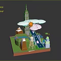 Cartoon City Scene With Tall Building Road Bridge Sun And Green Landscape