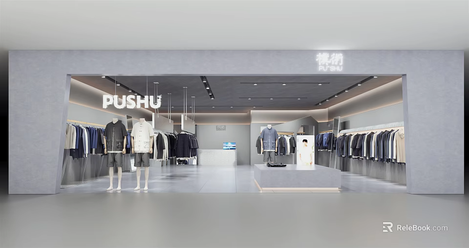 PUSHU Modern Clothing Store With Hanging Apparel Mannequins And Display Area 3d model 