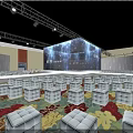 Modern Event Venue With Large LED Stage And White Cube Seats Under Blue Lighting