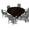 Round Dark Colored Dining Table Set With Six Gray Upholstered Armchairs 3d model