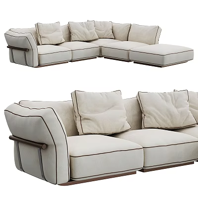 Modern Beige Sectional Sofa With Multiple Soft Cushions Metal Accent Arms And Spacious Comfortable Seating 3d model