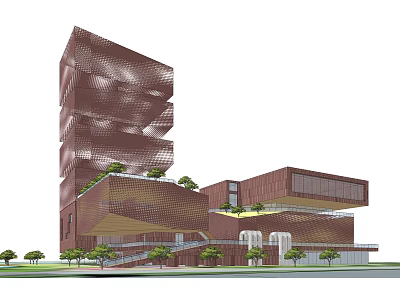 Modern Museum Building Featuring Unique Stacked Structure Brown Facade And Surrounding Greenery 3d model