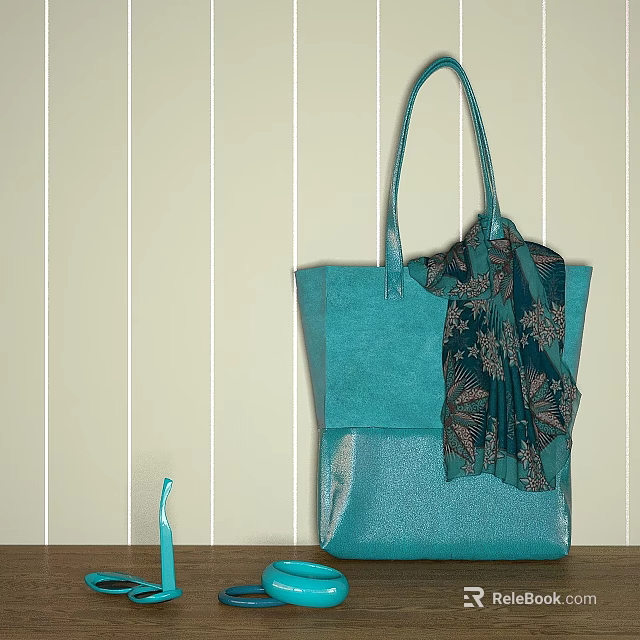 Turquoise Tote Bag With Decorative Scarf On Wooden Surface Against Striped Wall 3d model 