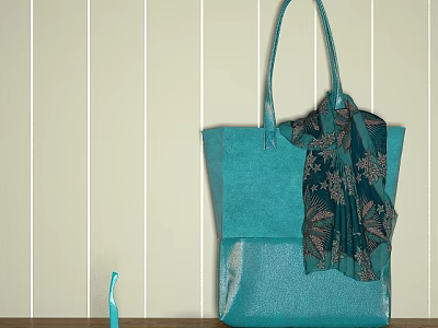 Turquoise Tote Bag With Decorative Scarf On Wooden Surface Against Striped Wall 3d model