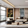 Modern Living Room Interior Design With Light Sofa Wooden Panel Backdrop And Gray Stone Accent