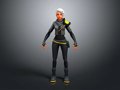 3D Character With White Hair In Black Outfit Featuring Yellow Accents Standing Against Gray Background 3d model