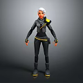 3D Character With White Hair In Black Outfit Featuring Yellow Accents Standing Against Gray Background