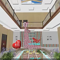 Spacious Two Story Restaurant Interior With Floral Decoration Skylight And Potted Plants