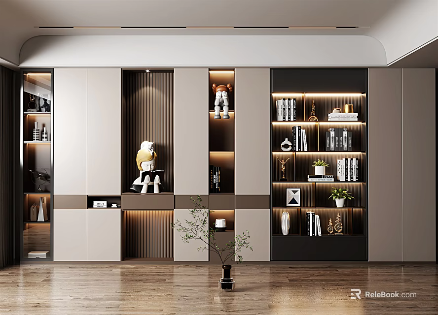 Modern Luxury Bookcase With LED Lights Display Shelves Decorations And Books 3d model 
