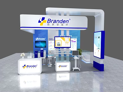 Branden Exhibition Booth With Blue White Design Display Screens Tables And Product Displays 3d model