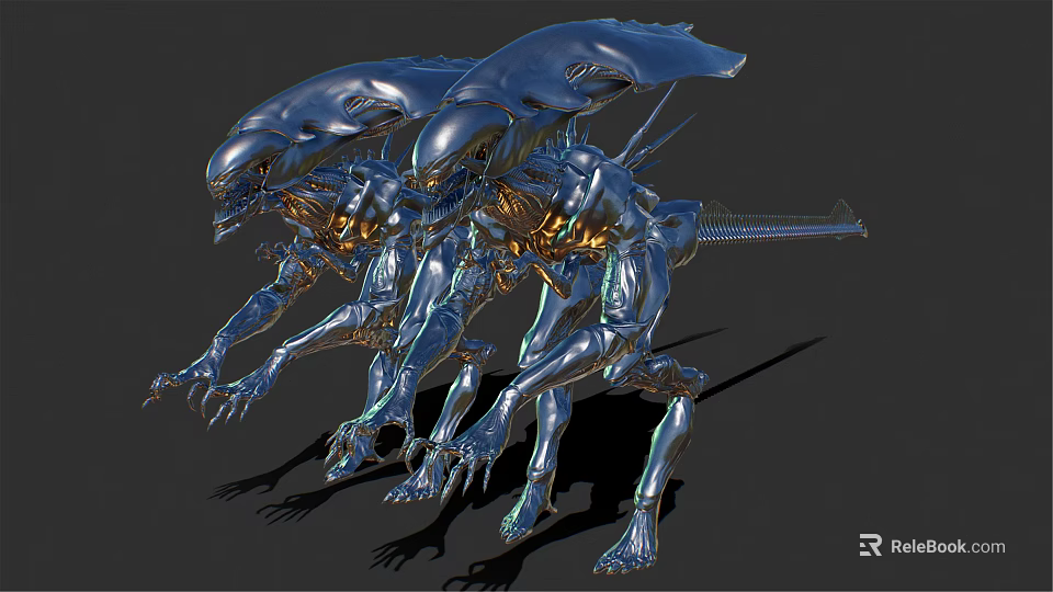 Three Silver Metallic Alien Creatures With Sharp Claws Carapace Heads And Streamlined Bodies 3d model 