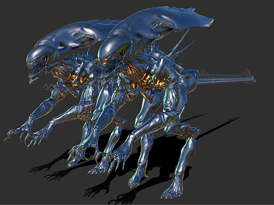 Three Silver Metallic Alien Creatures With Sharp Claws Carapace Heads And Streamlined Bodies 3d model