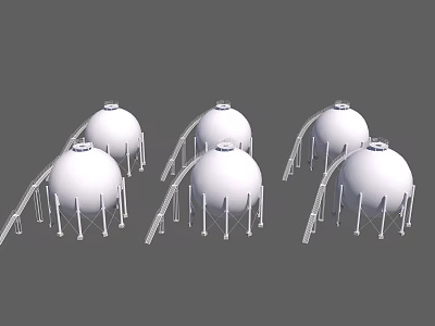 Six White Spherical Storage Tanks As Industrial Equipment With Bottom Supports And Connected Pipelines 3d model
